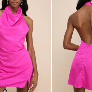 Lulu's Hot Pink Jacquard Cowl Backless Mini Dress